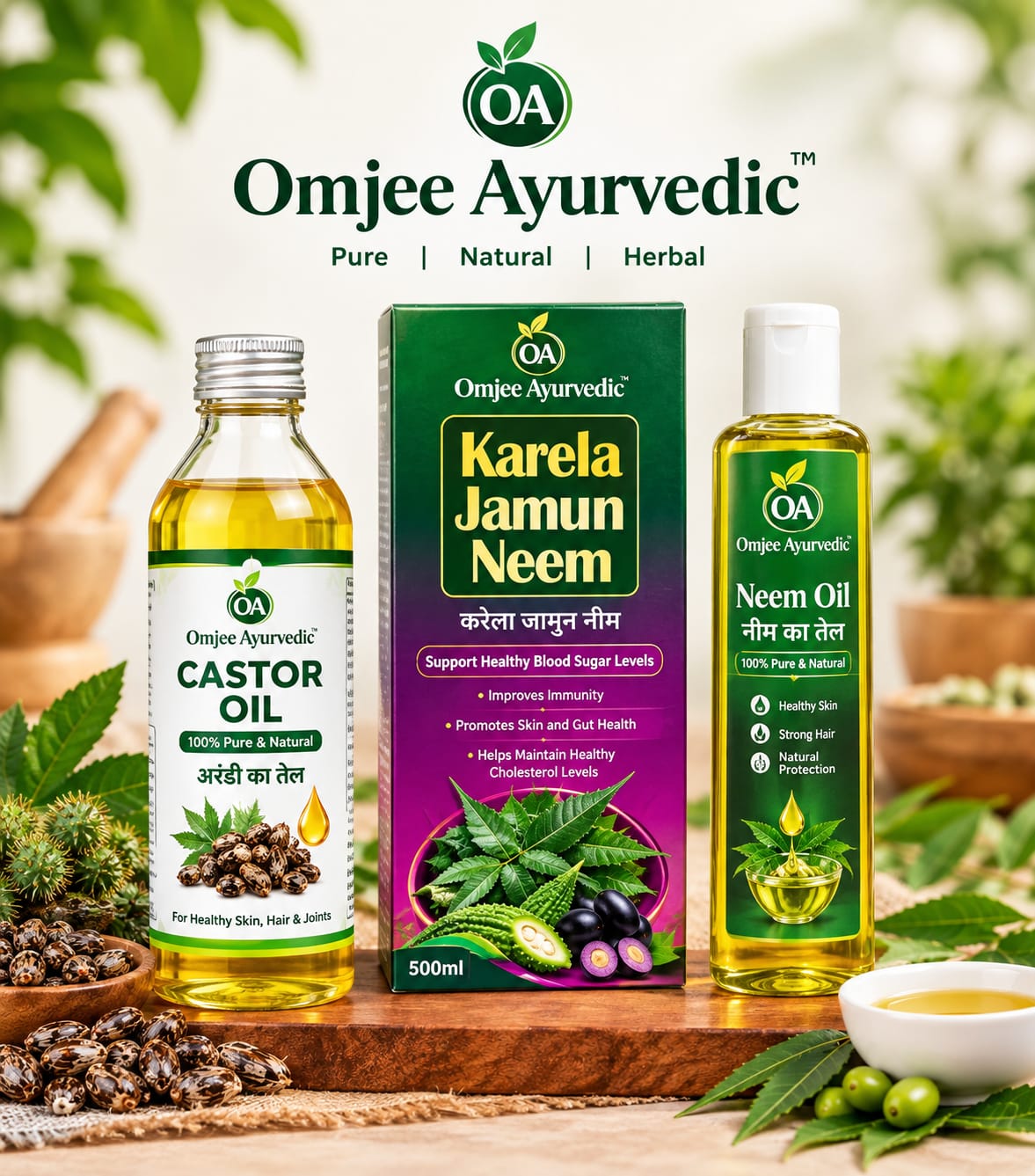 Omjee Ayurvedic Castor Oil, Karela Jamun Neem, and Neem Oil